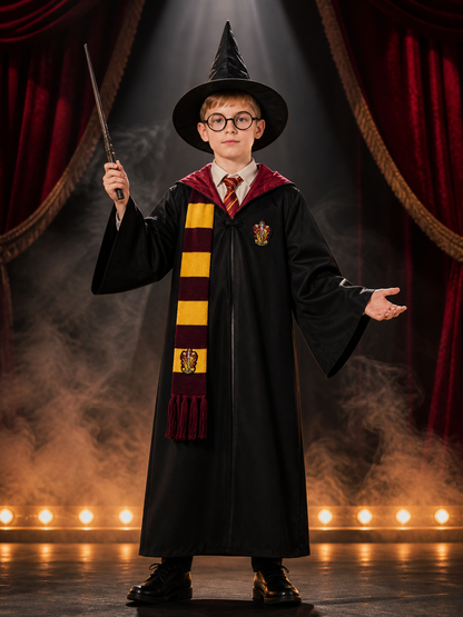 Wizard Robe Costume Set With Hooded Cloak, Hat, Glasses, Tie, Scarf And Wand Costume Capes detail 3