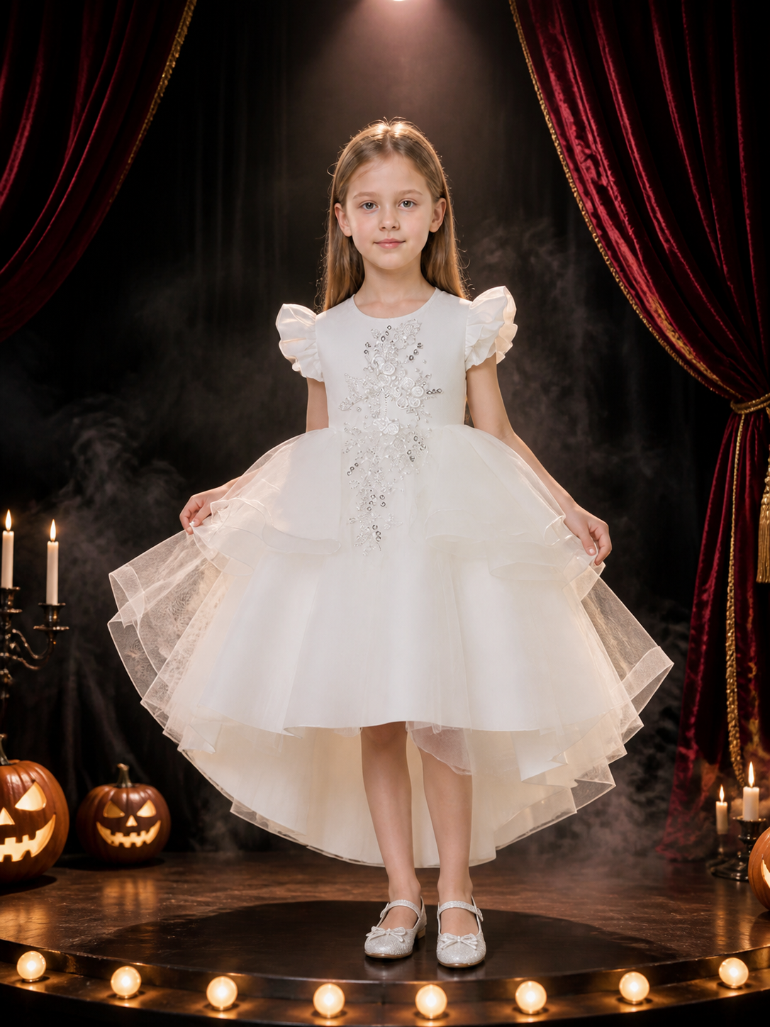 Girls' White Princess Dress, Layered Tulle Skirt with Lace Floral Embroidery and