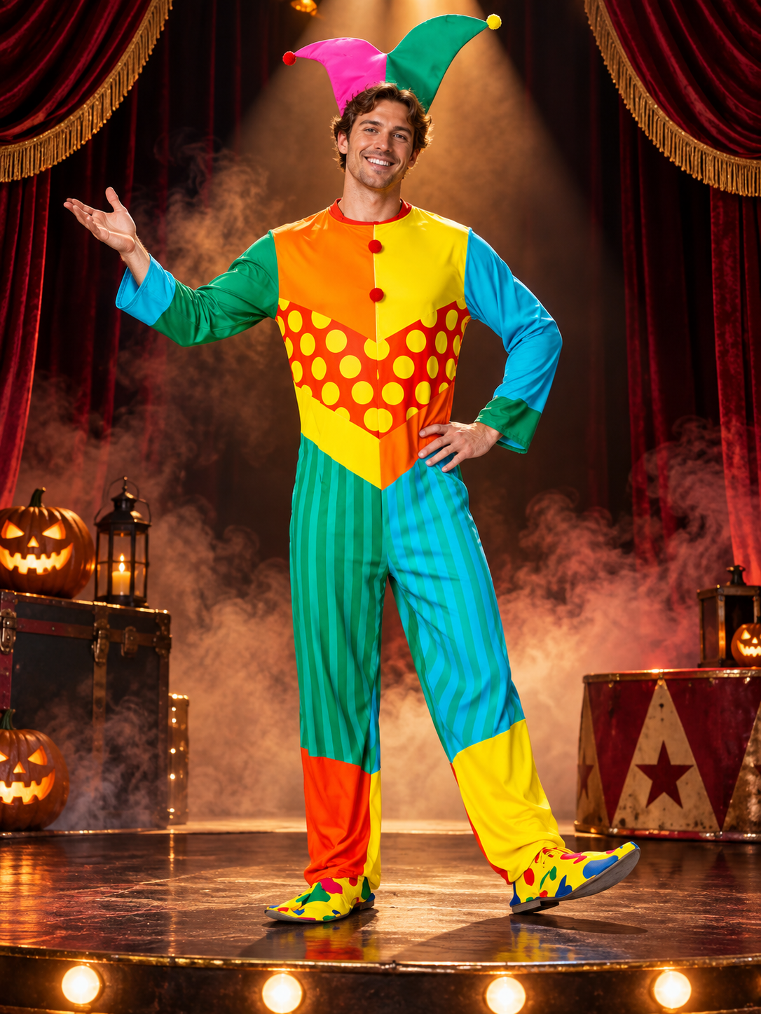 Adult Clown Costume with Pom-Poms and Bells
