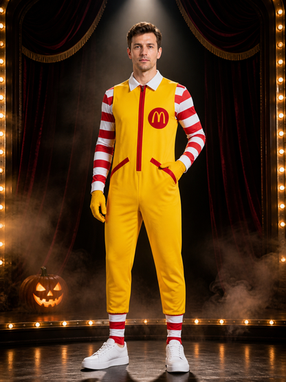 Clown Circus Costume Set, Red White Striped Top, Yellow Jumpsuit and Gloves