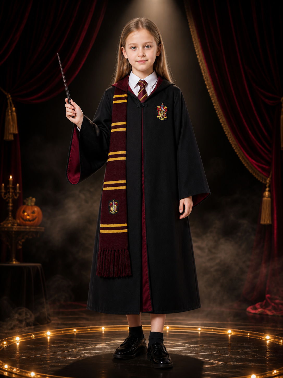Wizard Robe Costume Set with Shirt, Wand, Tie and Scarf, Black Academy Style Costume Accessories detail 3