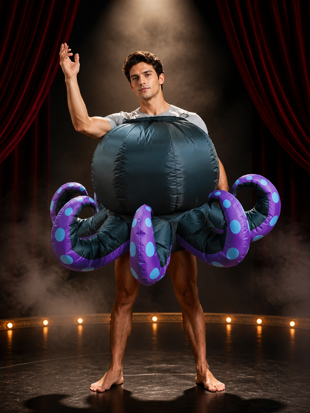 Octopus Inflatable Costume, Black Body with Purple Tentacles and Blue Dots Costumes detail 3