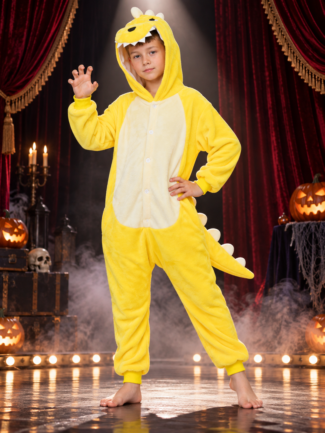Kids' Dinosaur Kigurumi Pajama, Yellow, with Hood