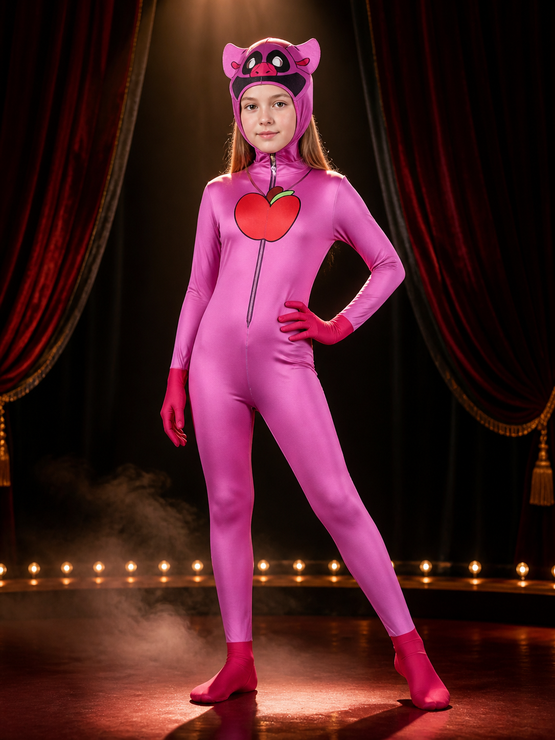 Pink Pig Hooded Onesie Costume, Full Body Animal Jumpsuit With Attached Face on-model stage scene view