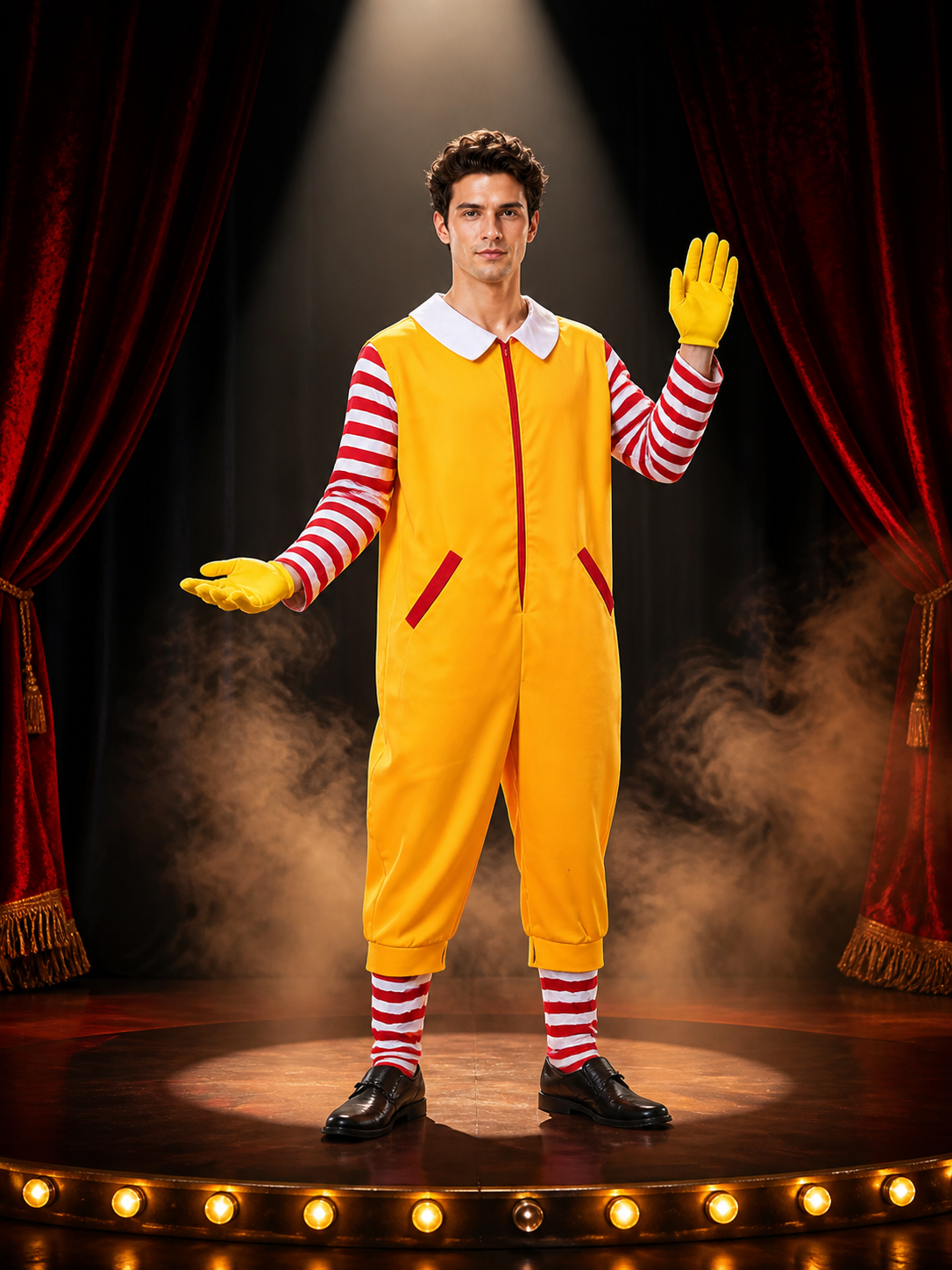 Red and Yellow Clown Jumpsuit Costume, Striped Sleeves, Cosplay Performance Costumes detail 3