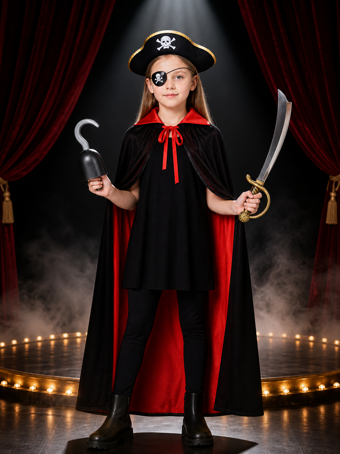 Pirate Costume Set, Black & Red Double-Sided Cape with Skull & Crossbones Hat Costume Capes detail 3