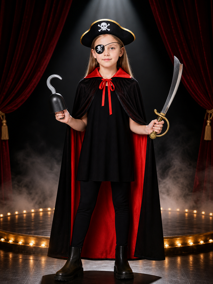 Pirate Costume Set, Black & Red Double-Sided Cape with Skull & Crossbones Hat Costume Capes detail 3