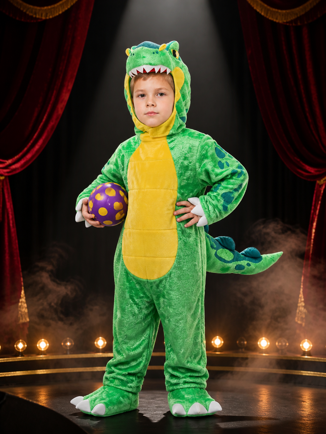 Green Dinosaur Hooded Bodysuit Costume with Blue Spots and Tail - Halloween on-model stage scene view