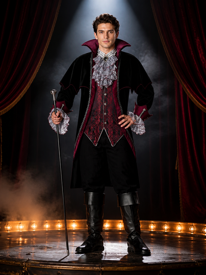 Gothic Wizard Costume Set, Black and Burgundy Long-Sleeve Halloween Cosplay Costumes detail 3