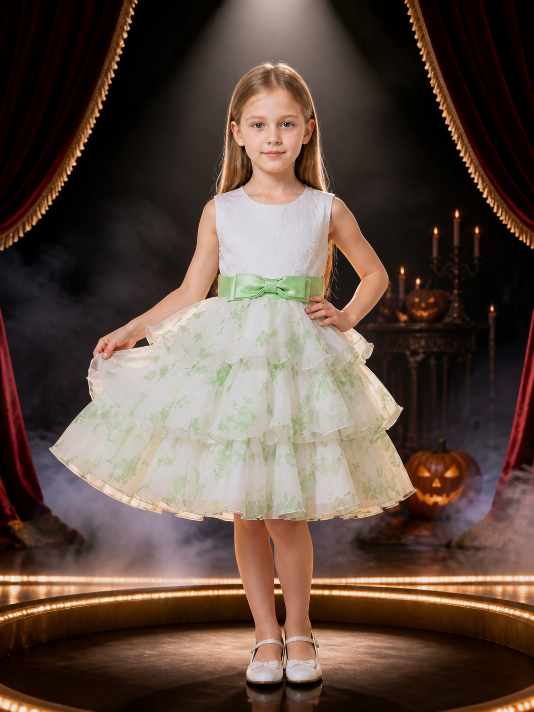 Toddler Girls' Princess Dress, White Lace Bodice, Mint Green Bow and Layered