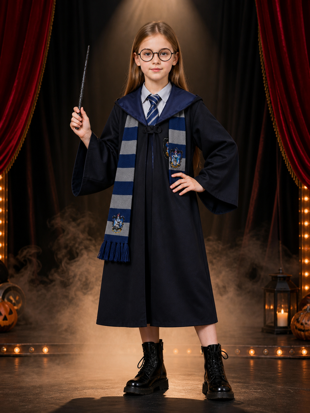Wizard Robe Costume Set with Tie, Scarf, Glasses & Magic Wand - Unisex Halloween Costume Accessories detail 3