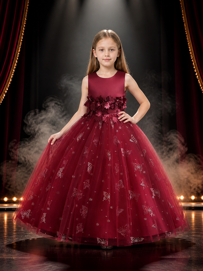 Girls' Princess Dress, Layered Tulle Gown With Satin Bodice, Floral Waist and