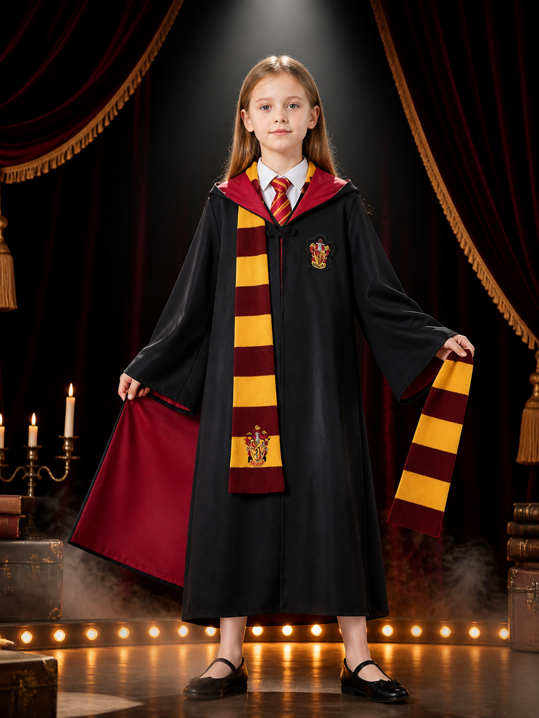Black Wizard School Robe Costume Set, Long Hooded Cape with Burgundy and Gold Costume Capes detail 3