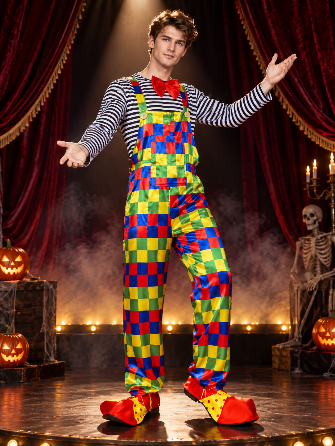 Adult Clown Costume: Top, Jumpsuit, Bow Tie