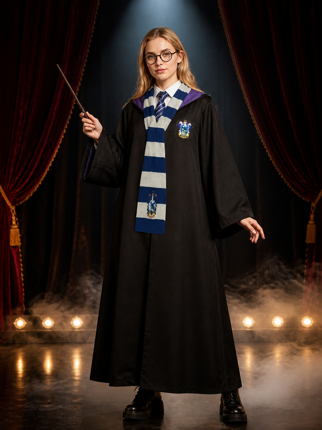 Long Black Hooded Wizard Robe Halloween Costume Set with White Shirt, Striped Costumes detail 3
