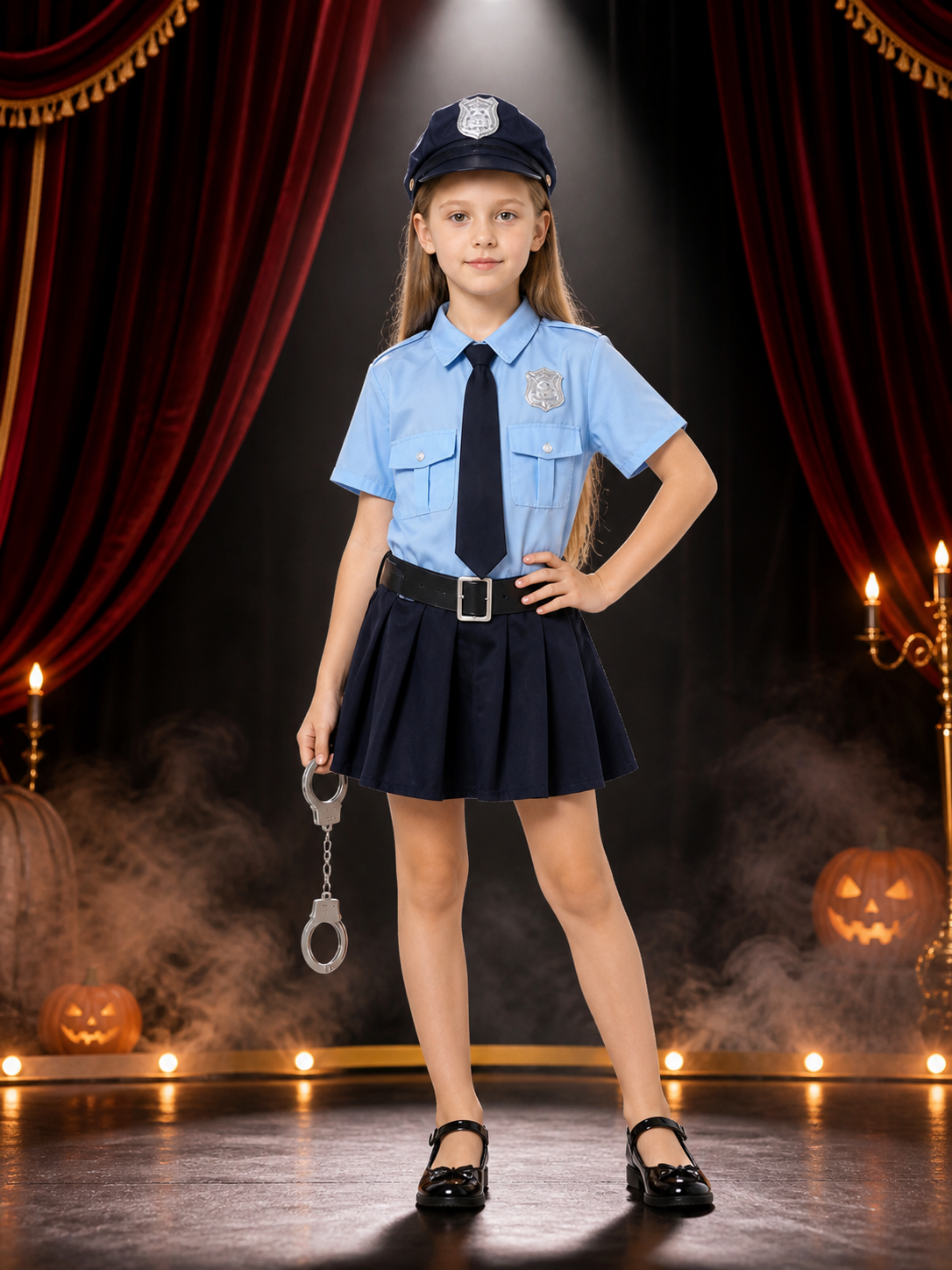 Police Costume Set with Hat, Tie, Belt and Handcuffs, Blue Uniform Outfit Costume Headwear detail 3