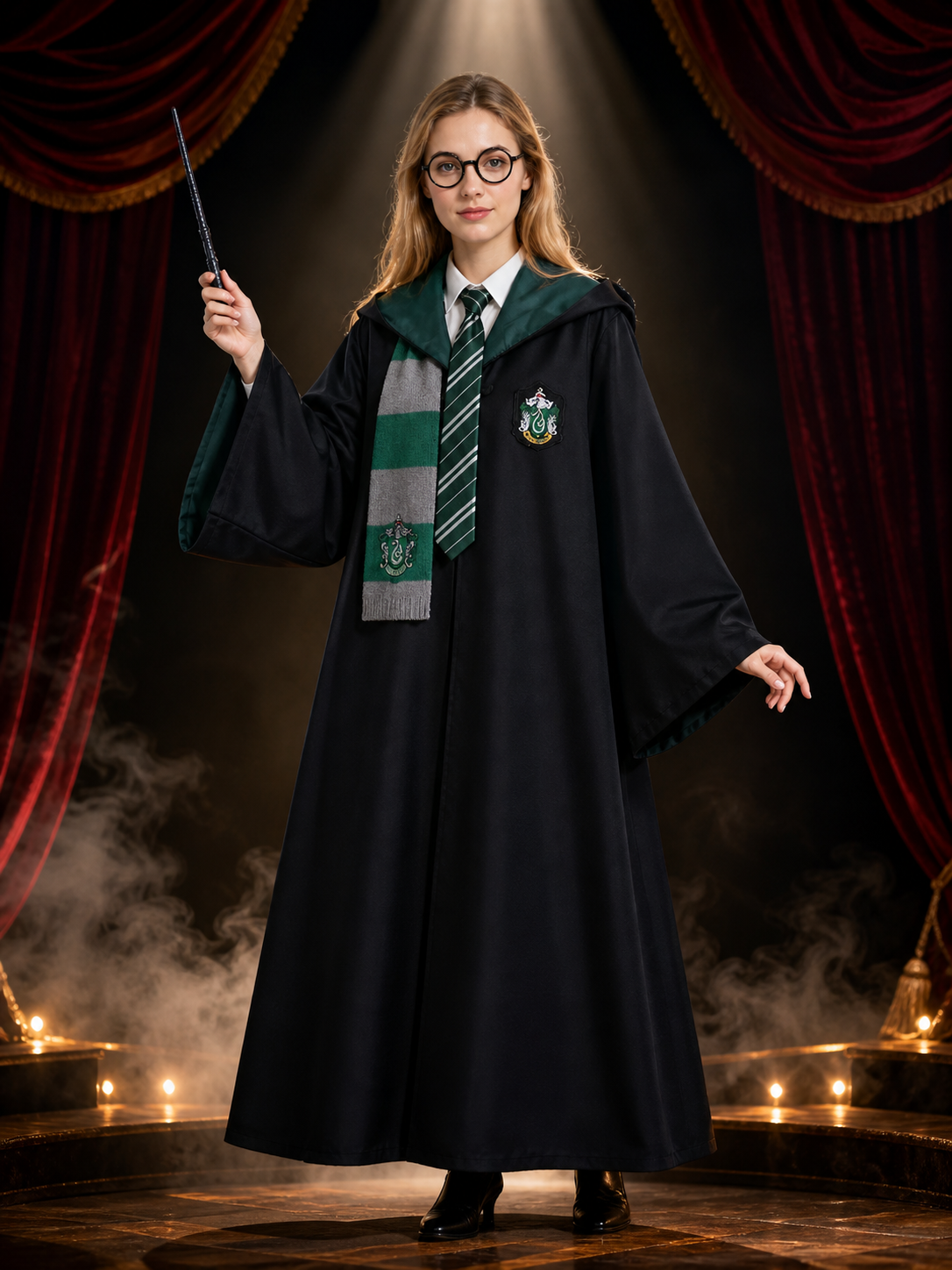 Slytherin Wizard Robe Costume Set for Halloween with Scarf, Tie, Glasses & Wand