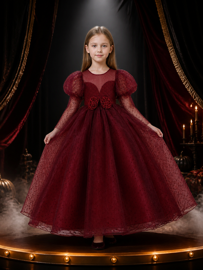 Girls' Maroon Princess Dress with Bubble Sleeves and Rose Waist Detail Costume Dresses detail 3