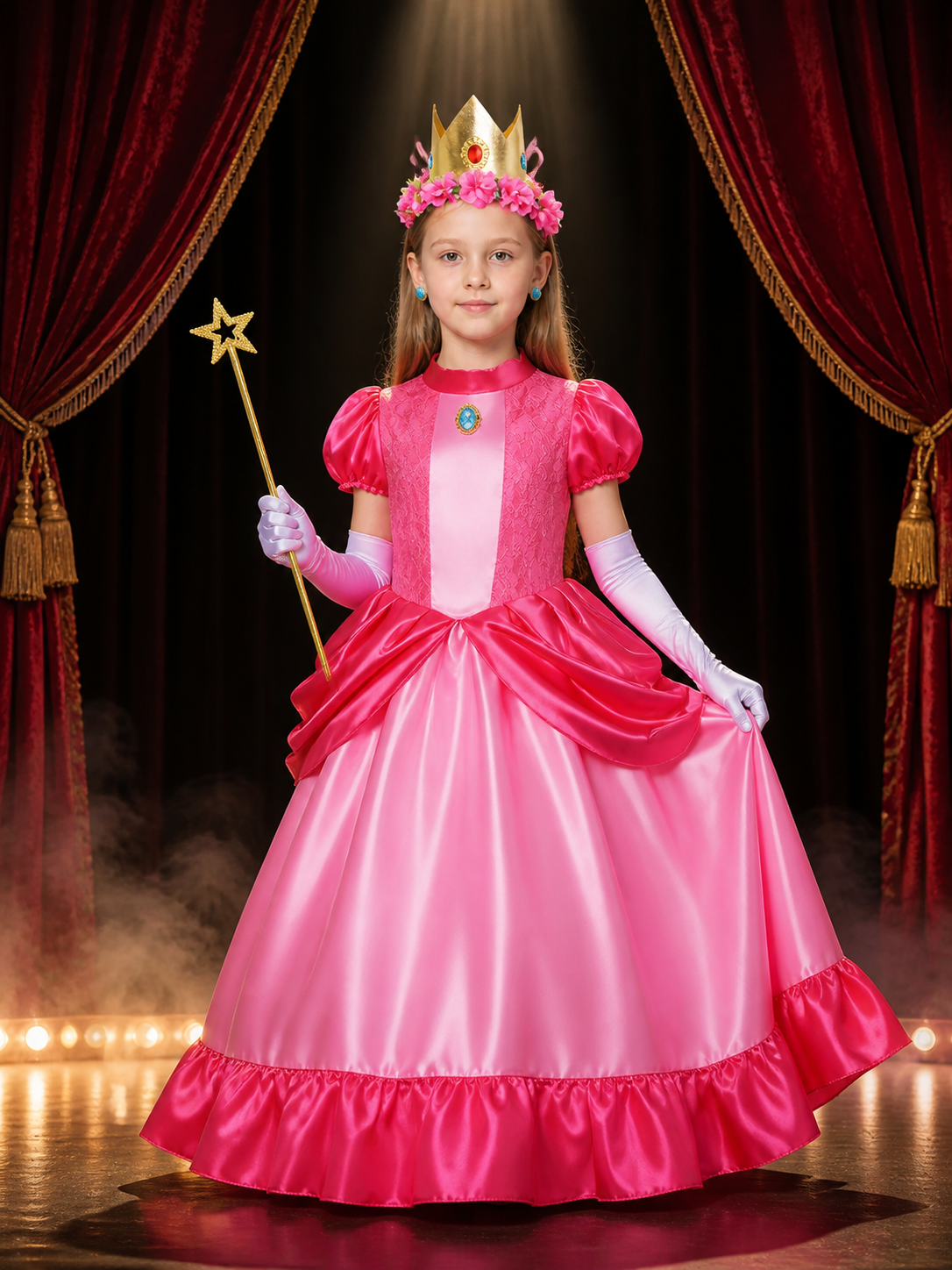 Girls Halloween Peach Pink Princess Costume Set with Lace Ball Gown, Crown & Costume Dresses detail 3
