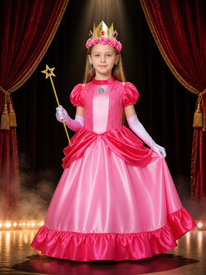 Girls Halloween Peach Pink Princess Costume Set with Lace Ball Gown, Crown & Costume Dresses detail 3