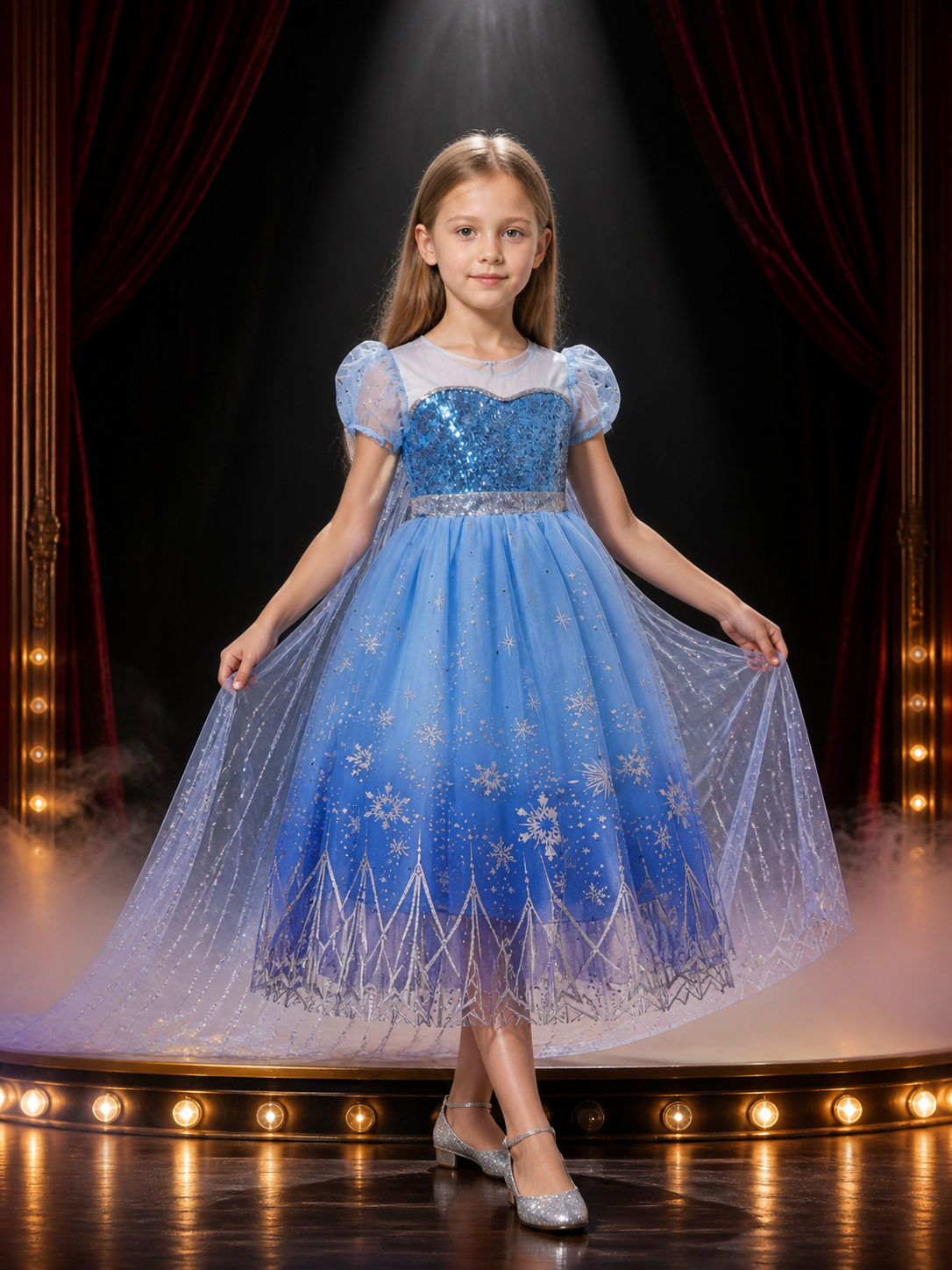 Kids Snow Queen Princess Dress, Sequined Puffy Gown with Snowflakes, Halloween Costume Dresses detail 3