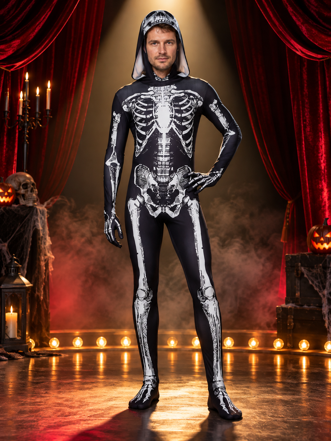 Black Skeleton Costume with Hood and Bone Print