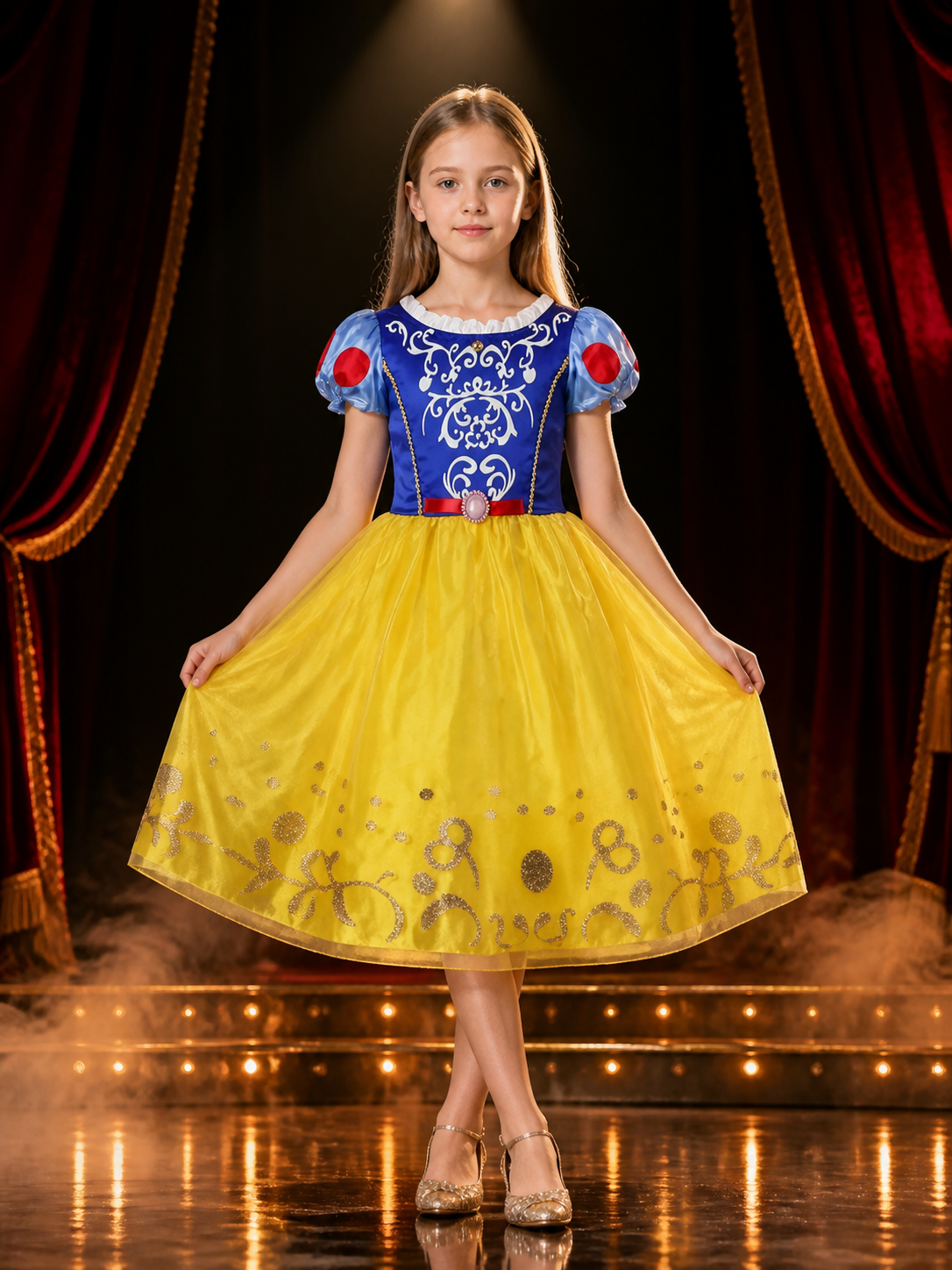 Girls Snow White Princess Costume Dress, Blue Yellow Red Short Sleeve Halloween