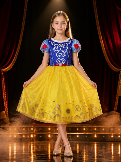 Girls Snow White Princess Costume Dress, Blue Yellow Red Short Sleeve Halloween