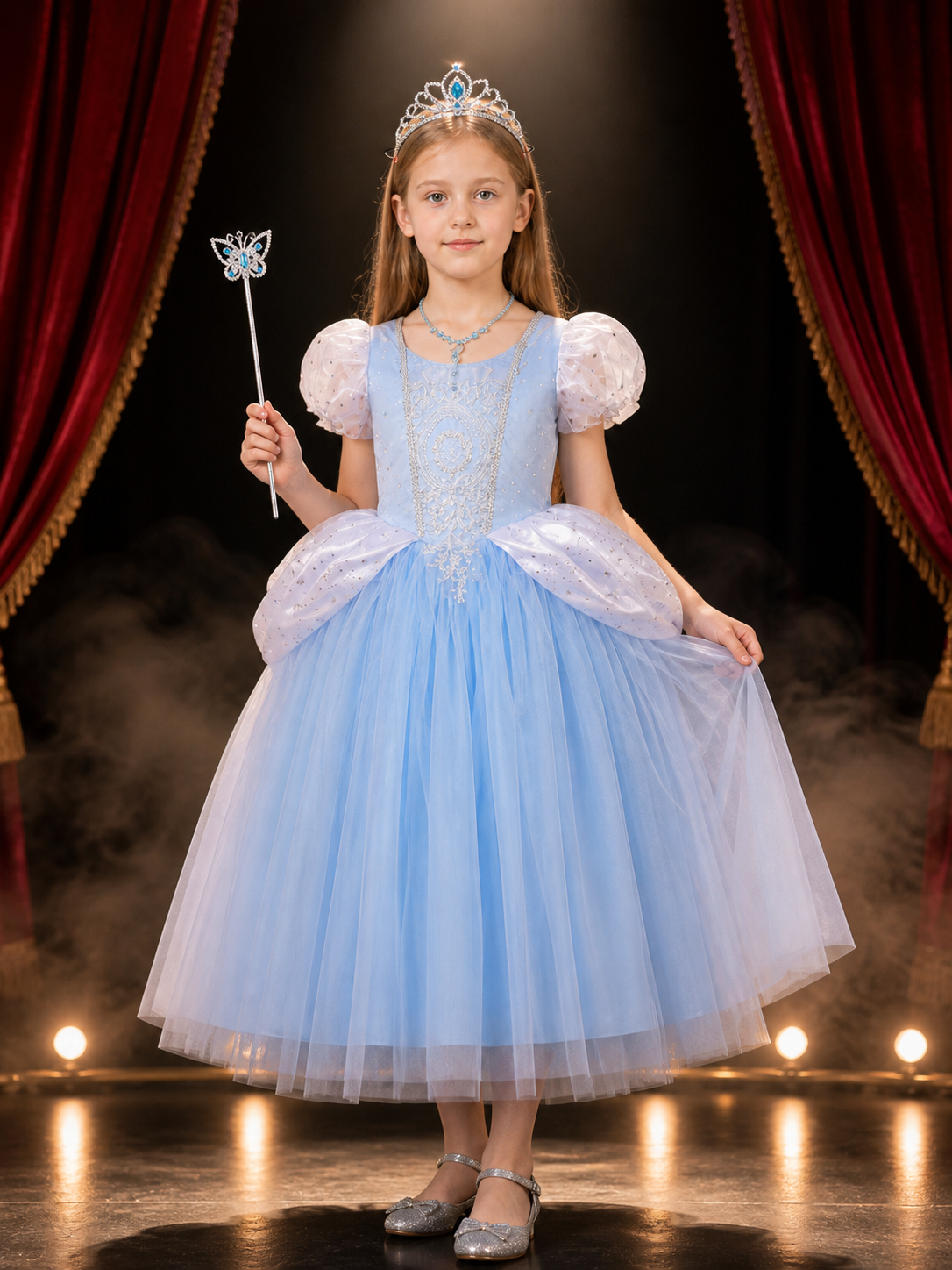Girls Cinderella Costume Dress, Blue Tulle Princess Ball Gown Set with Tiara Costume Dresses detail 3