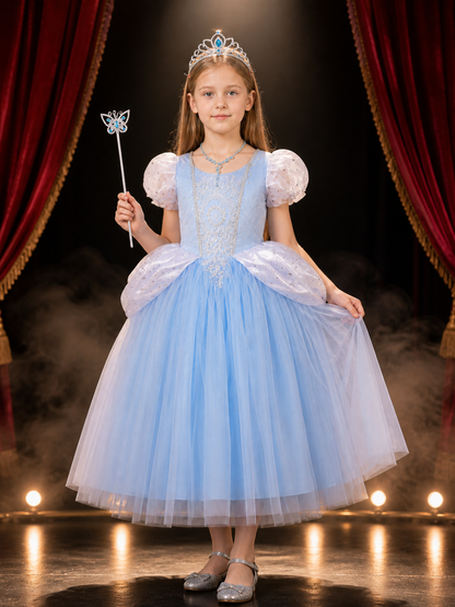 Girls Cinderella Costume Dress, Blue Tulle Princess Ball Gown Set with Tiara Costume Dresses detail 3