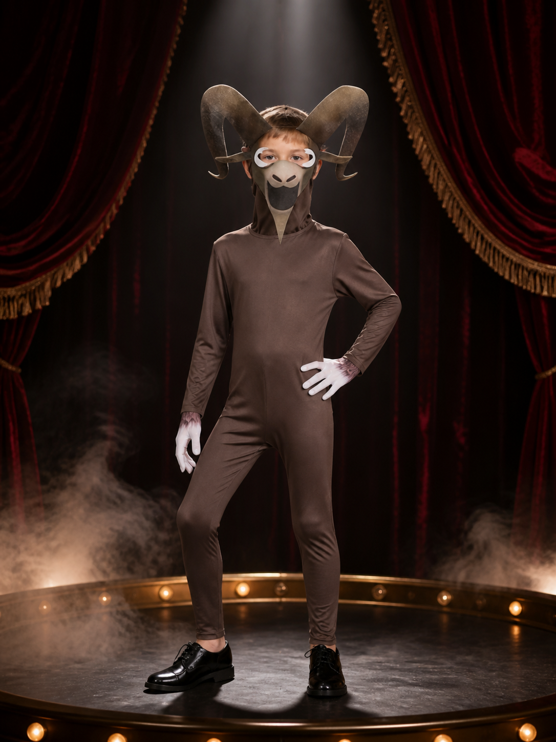 Goat Monster Kids Costume, Brown Animal Onesie with Horned Mask for Halloween on-model stage scene view