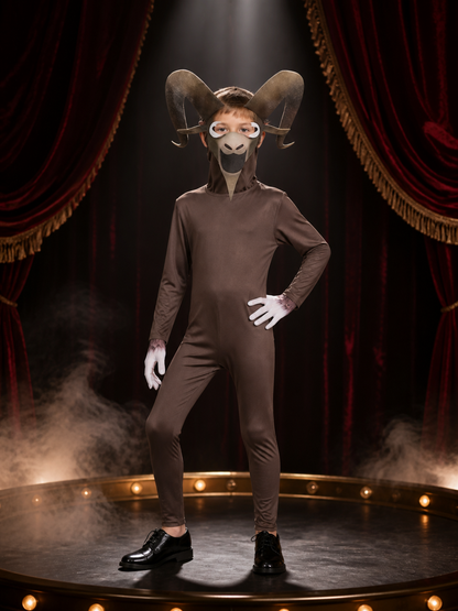 Goat Monster Kids Costume, Brown Animal Onesie with Horned Mask for Halloween on-model stage scene view