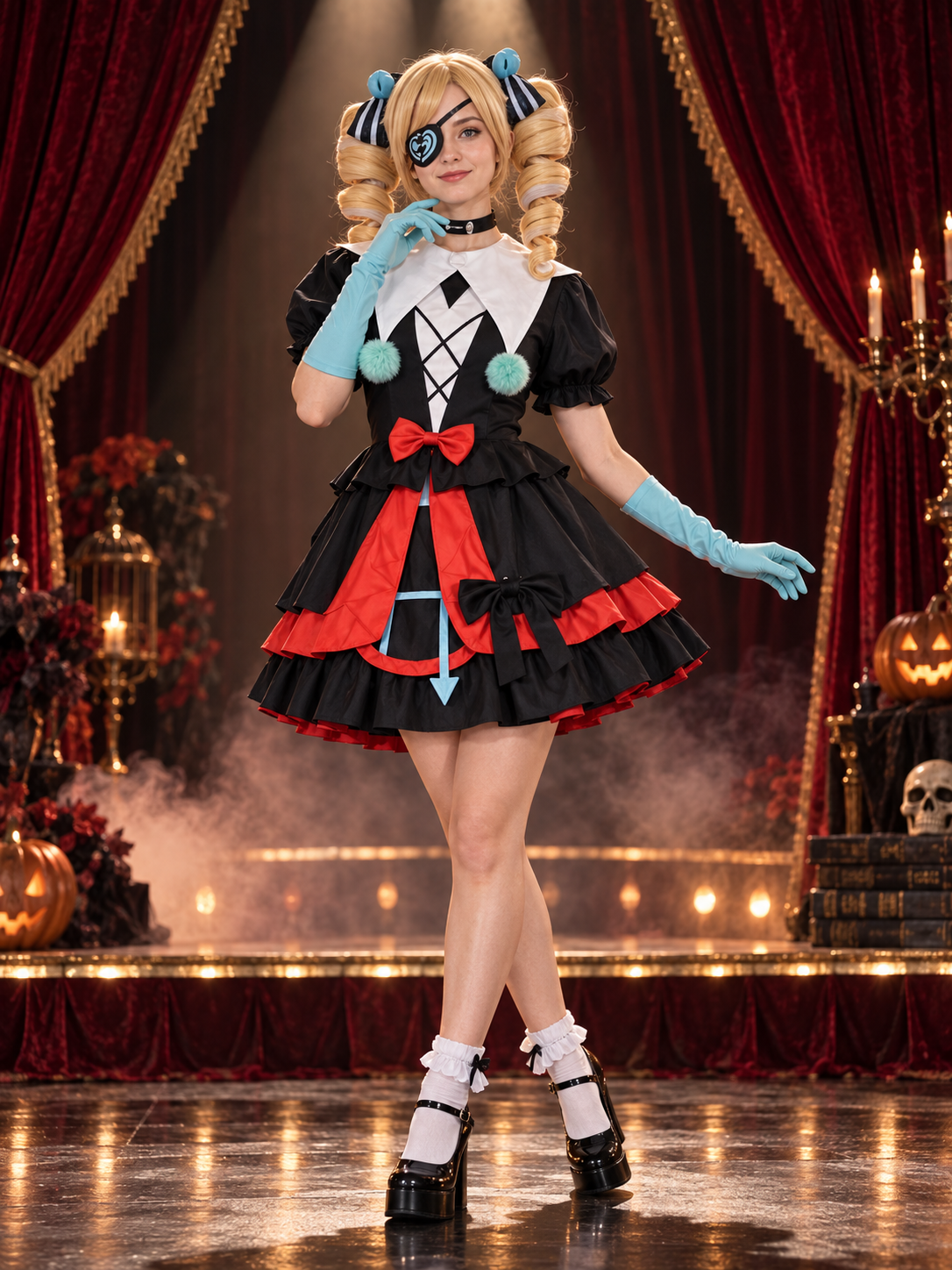 Cosplay costume with a white cape, black dress, and bows