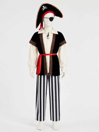 Boy's Pirate Costume Set with Hat, Eye Patch, Belt and Striped Pants Costume Headwear detail 3