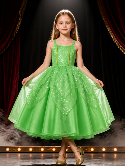 Kids Green Princess Dress Costume with Glitter Stars and Tutu Skirt for Costume Dresses detail 3