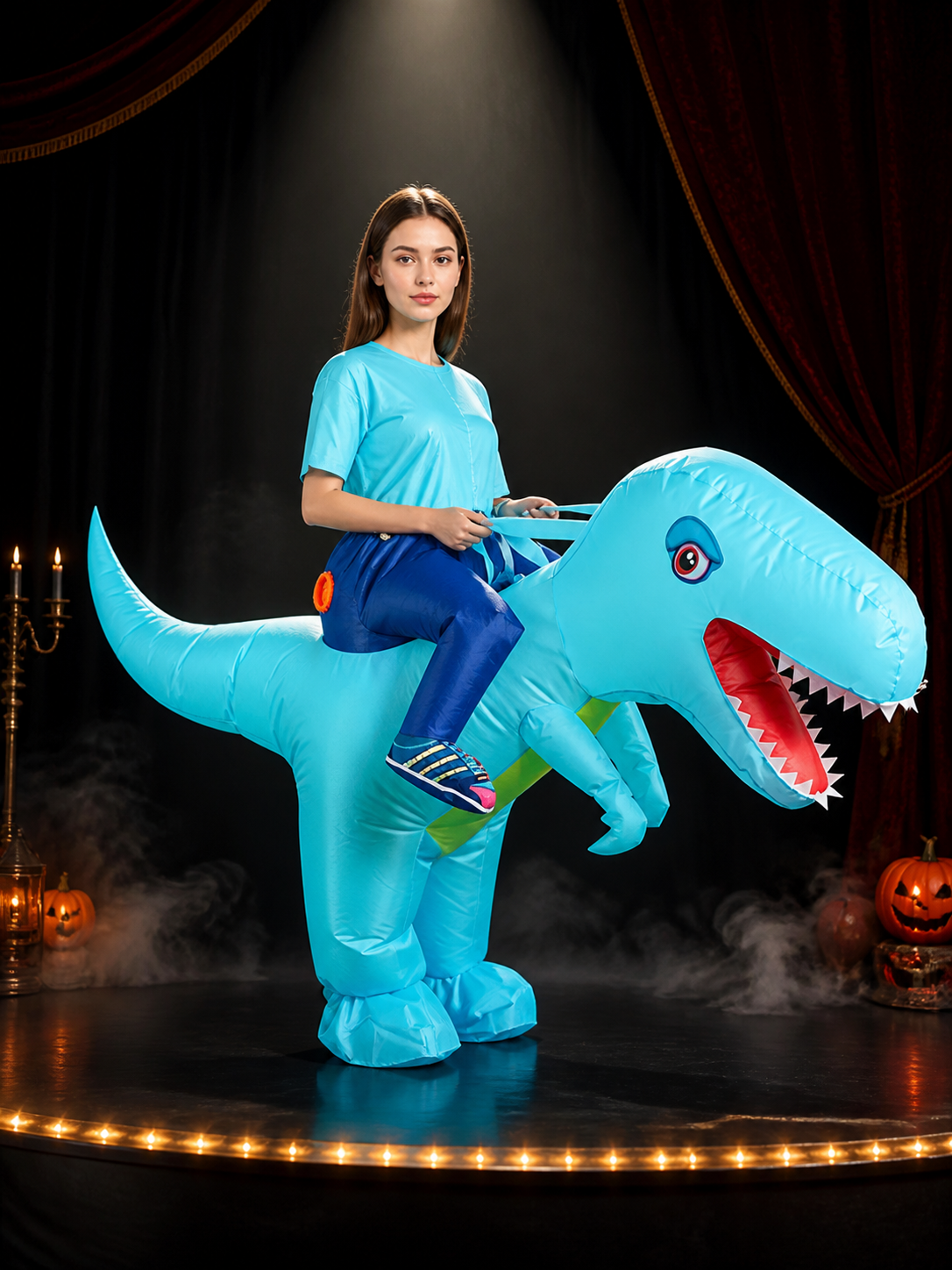 Funny Inflatable Blue-Green Dinosaur Costume for Kids and Adults with Open Mouth Costumes detail 3