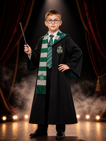 Kids Wizard Costume Set, Black Hooded Robe with Green Striped Scarf, Tie, Wand & Costume Accessories detail 3