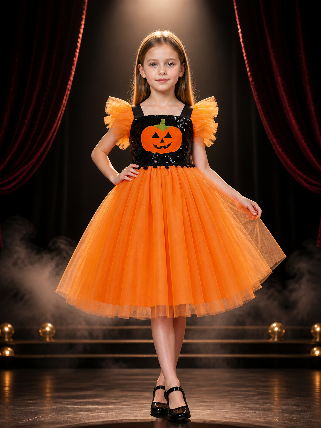 Girls' Pumpkin Halloween Princess Costume Dress, Sequined Bodice And Layered Costume Dresses detail 3