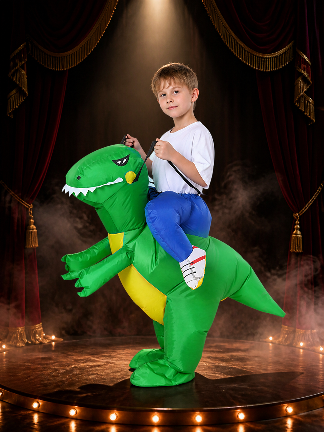 Kids Inflatable Dinosaur Costume With Yellow Belly And White Teeth on-model stage scene view