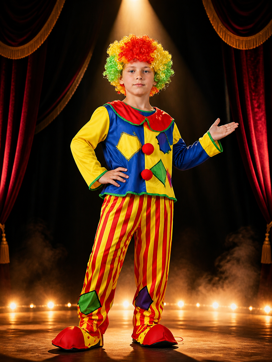 Kids Clown Circus Costume Set with Rainbow Wig Hat, Patchwork Top and Pants Costume Wigs detail 3