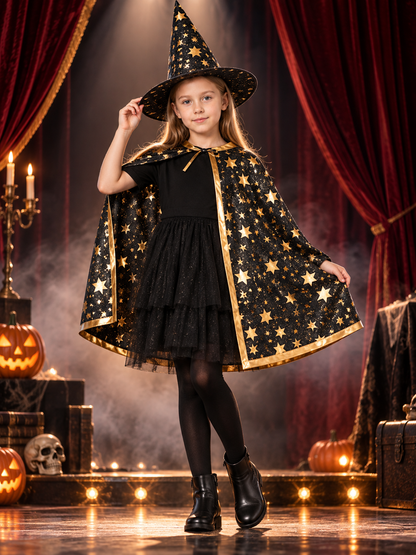 Kids' Costume: Black Cape and Hat with Stars