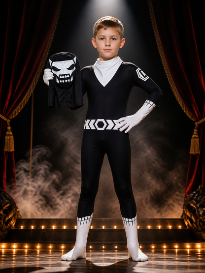 Black and White Skeleton Bodysuit Costume with Skull Face Print, Halloween on-model stage scene view