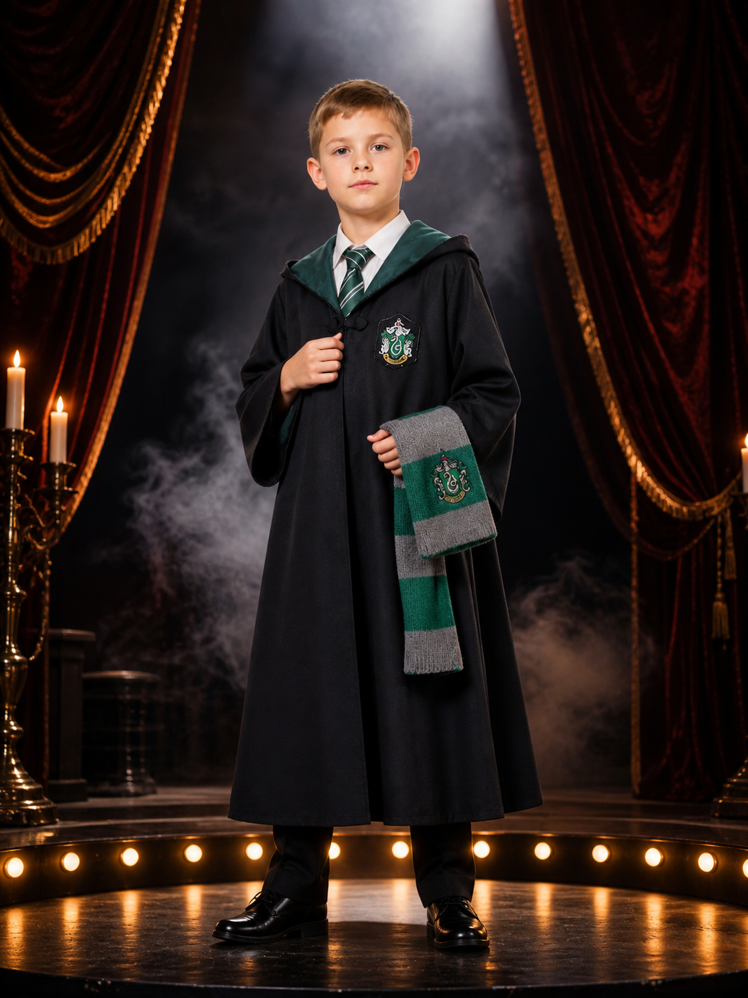 Kids' Slytherin Wizard Costume Set With Hooded Robe, Tie And Scarf Costumes detail 3