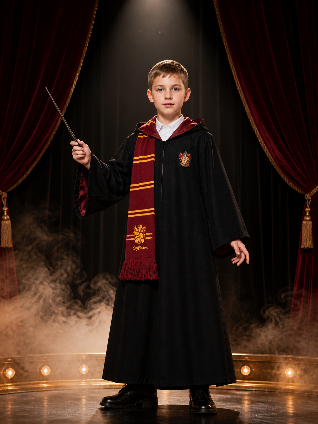 Lion Crest Wizard Robe Costume Set, Hooded Cloak With Scarf, Shirt And Wand Costume Capes detail 3