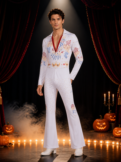 White Rock Singer Jumpsuit Costume With Flared Legs And Colorful Patterns Costumes detail 3
