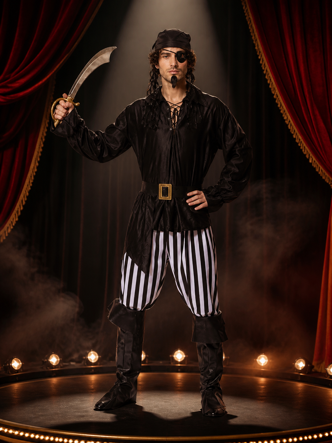 Men's Pirate Halloween Costume Set with Striped Pants and Boot Covers, Black Costumes detail 3