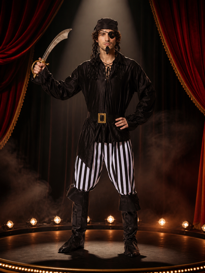 Men's Pirate Halloween Costume Set with Striped Pants and Boot Covers, Black Costumes detail 3