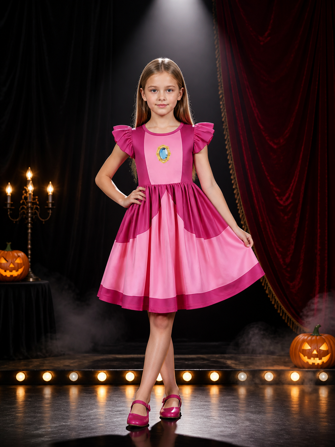 Kids Princess Peach Pink Ruffle Sleeve Dress Costume with High Waist Costume Dresses detail 3