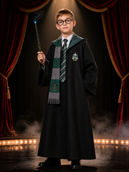 Hooded Wizard Robe Costume Set with Snake Crest, Tie, Scarf, Glasses and Wand Costume Accessories detail 3