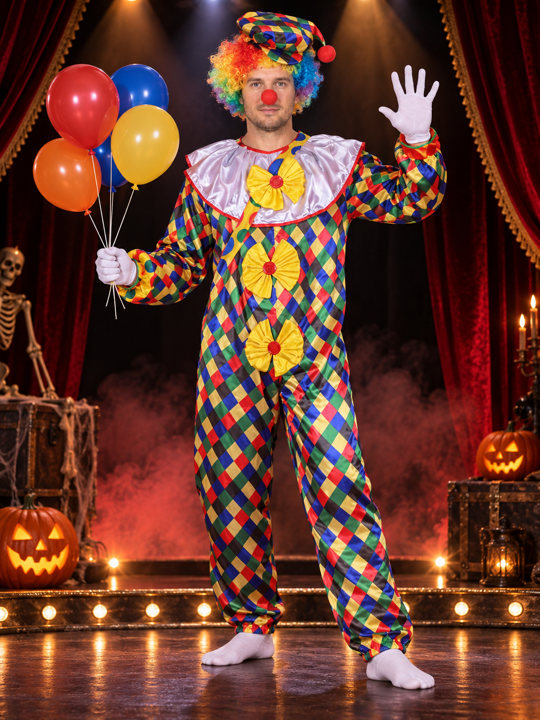 Clown Costume with Fluffy Collar, Hat, and Bows